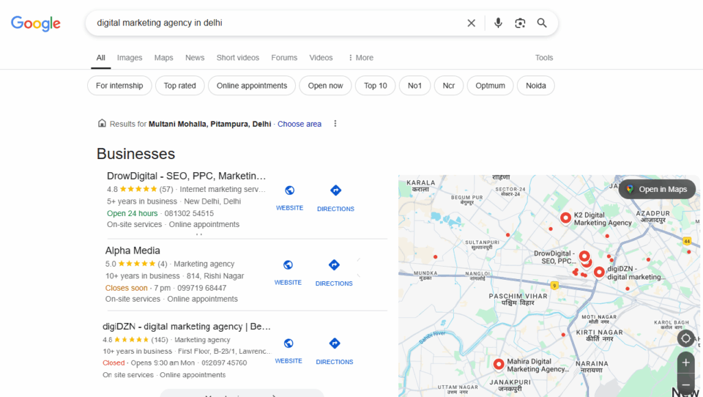 local seo listing showing alpha media ranking no top result