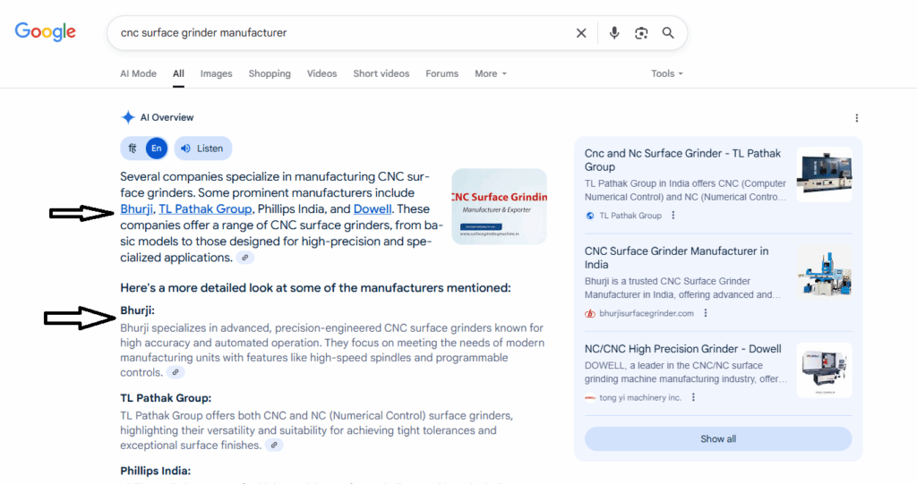 AEO google search engine result showing bhurji surface grinder in aeo result
